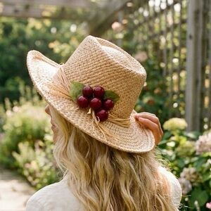 Vintage Two Girls NYC Straw Hat Cherry Modern Nostalgia Sun Cottagecore Nonna